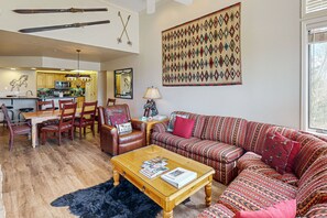 TV, fireplace, DVD player, stereo - Comfortable Condo w/ Shared Pool, Gym, Hot Tub, Winter Shuttle, & Ski Lockers (Steamboat Springs)