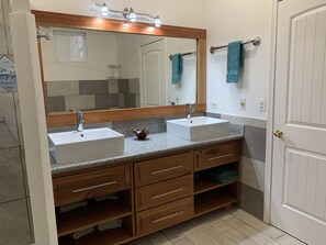 Shower, hair dryer, towels, toilet paper
