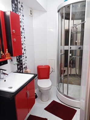 Hair dryer, towels, soap, toilet paper