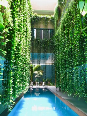 Una piscina interior rodeada de frondosa vegetación.