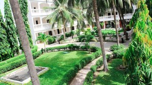 Un patio con un sendero, palmeras y un edificio con balcones.