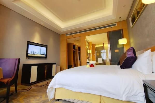 A hotel room with a large bed, a television on the wall, and a mirror reflecting the room.