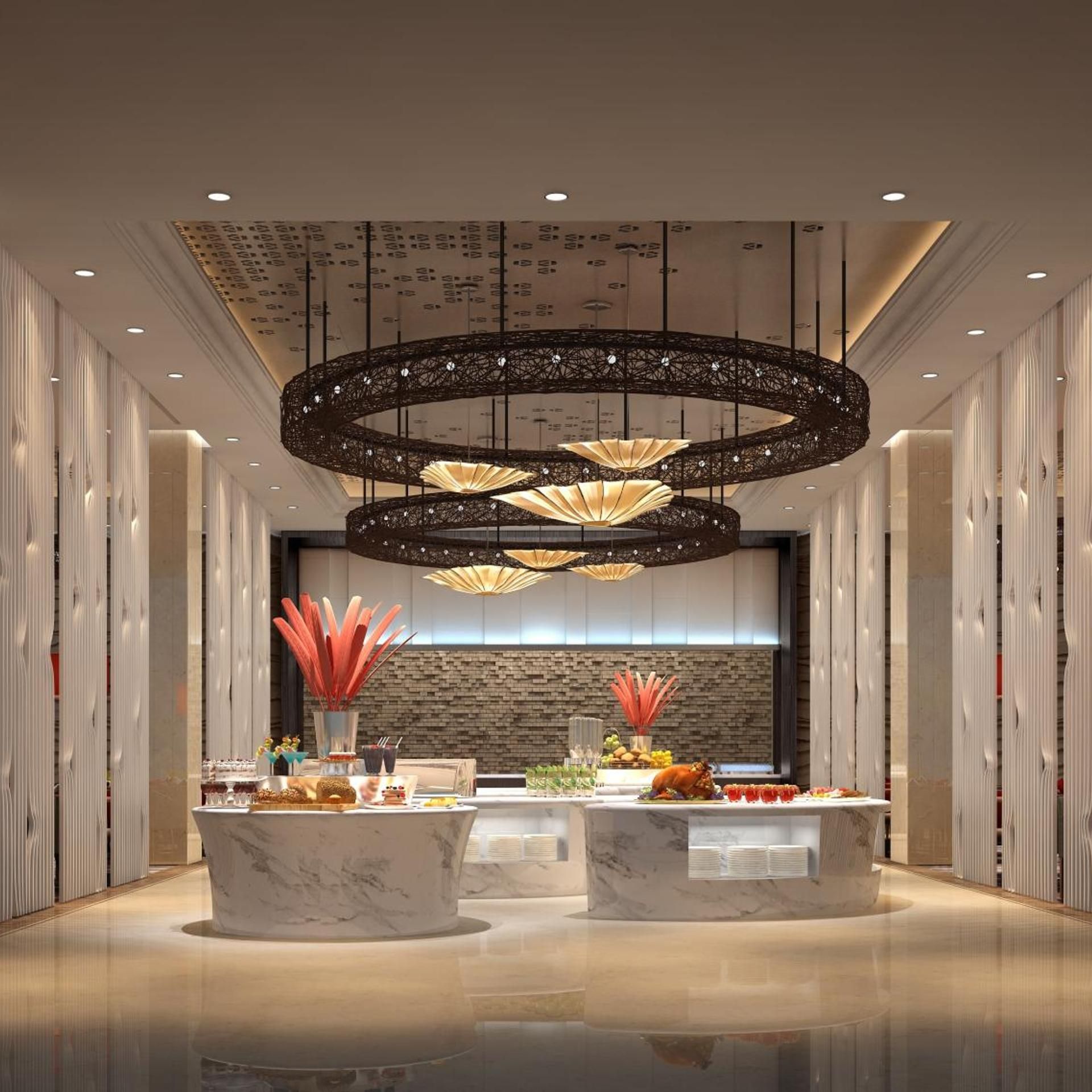 A modern lobby with a marble reception desk, decorative lighting, and a brick accent wall.