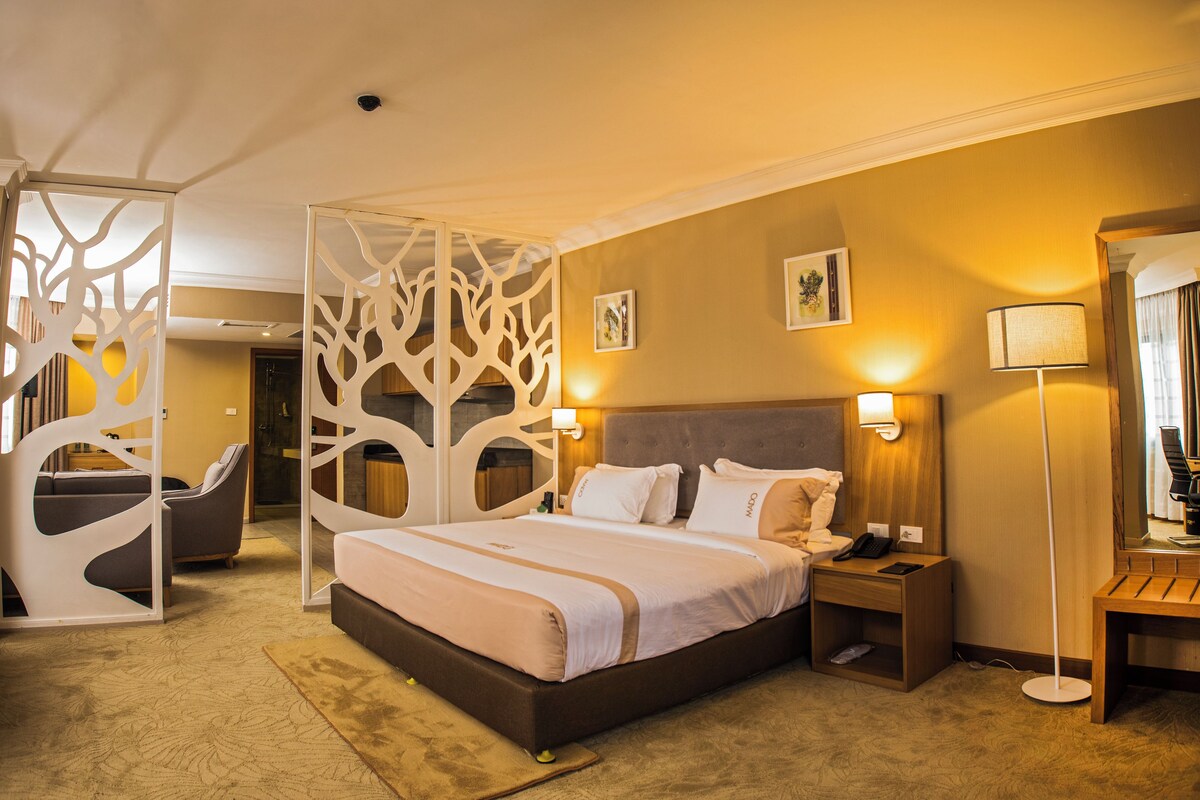 A hotel room with a large bed, bedside tables, a chair, a desk, and a decorative partition.