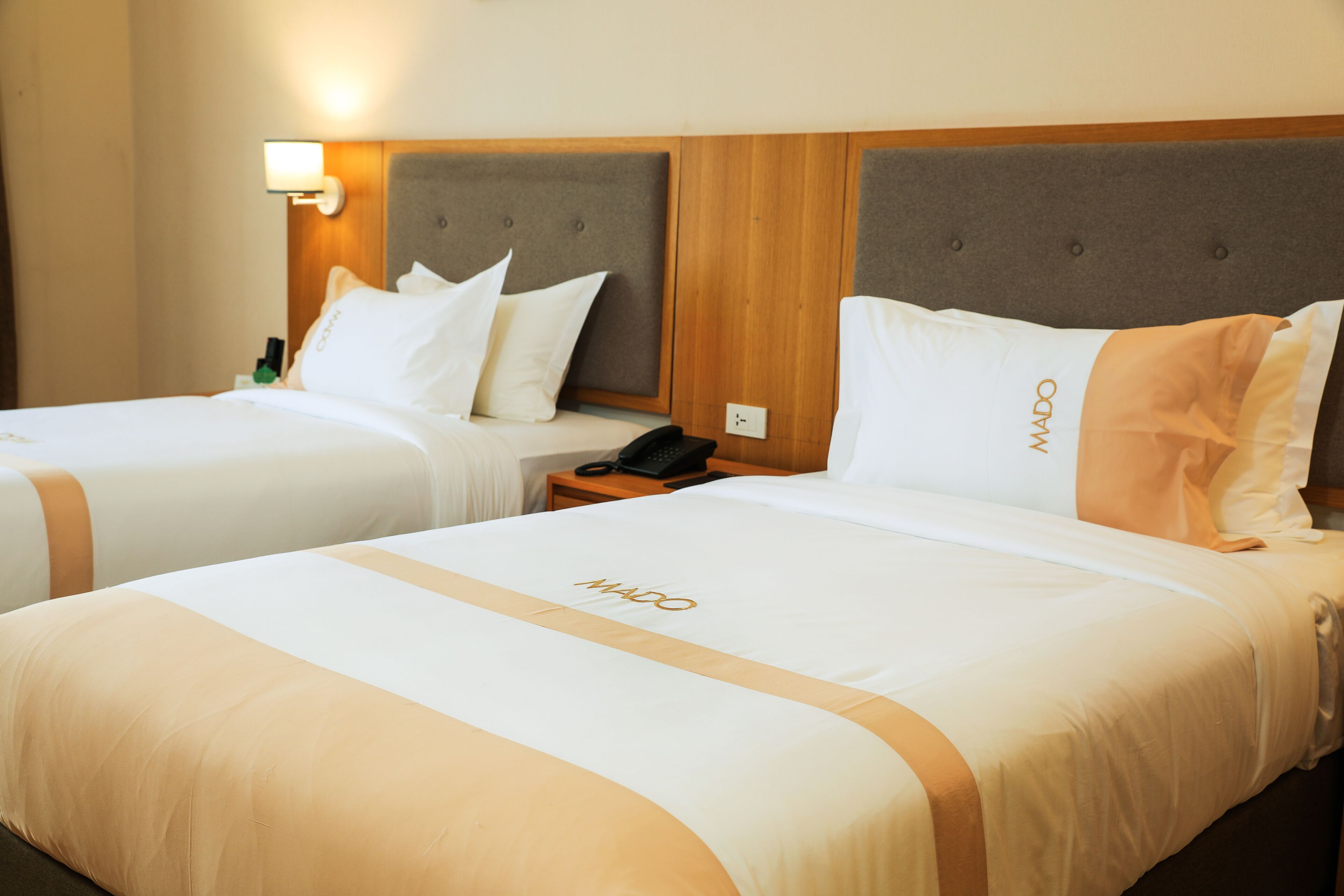 Two hotel beds with headboards, a bedside table with a phone, and a wall-mounted lamp.