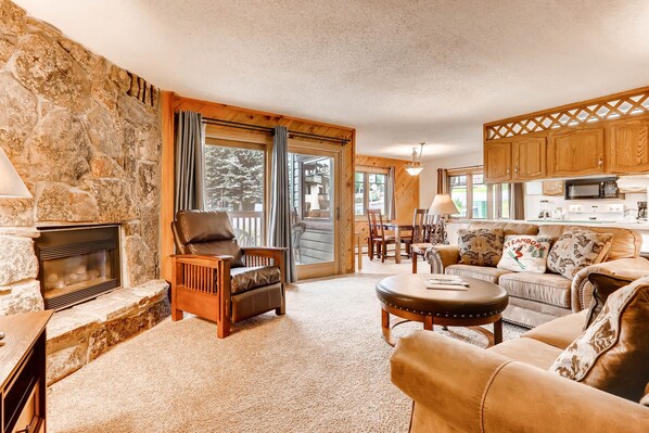 Televisio, takka, DVD-soitin, kirjoja