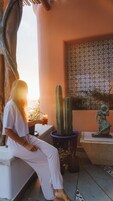 Una persona sentada en un banco en un patio con una planta de cactus y un muro de azulejos al fondo.