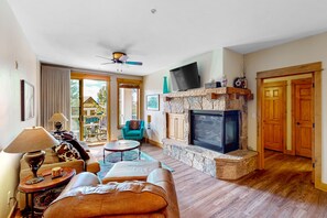 TV, fireplace, books