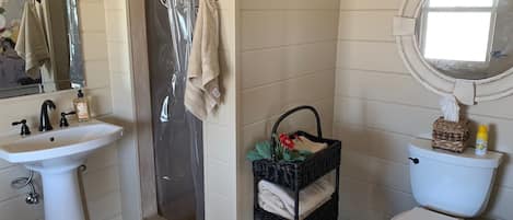 Shower, hair dryer, towels, soap