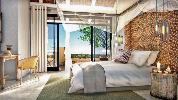 Une chambre à coucher moderne avec un grand lit, un bureau et une chaise.
