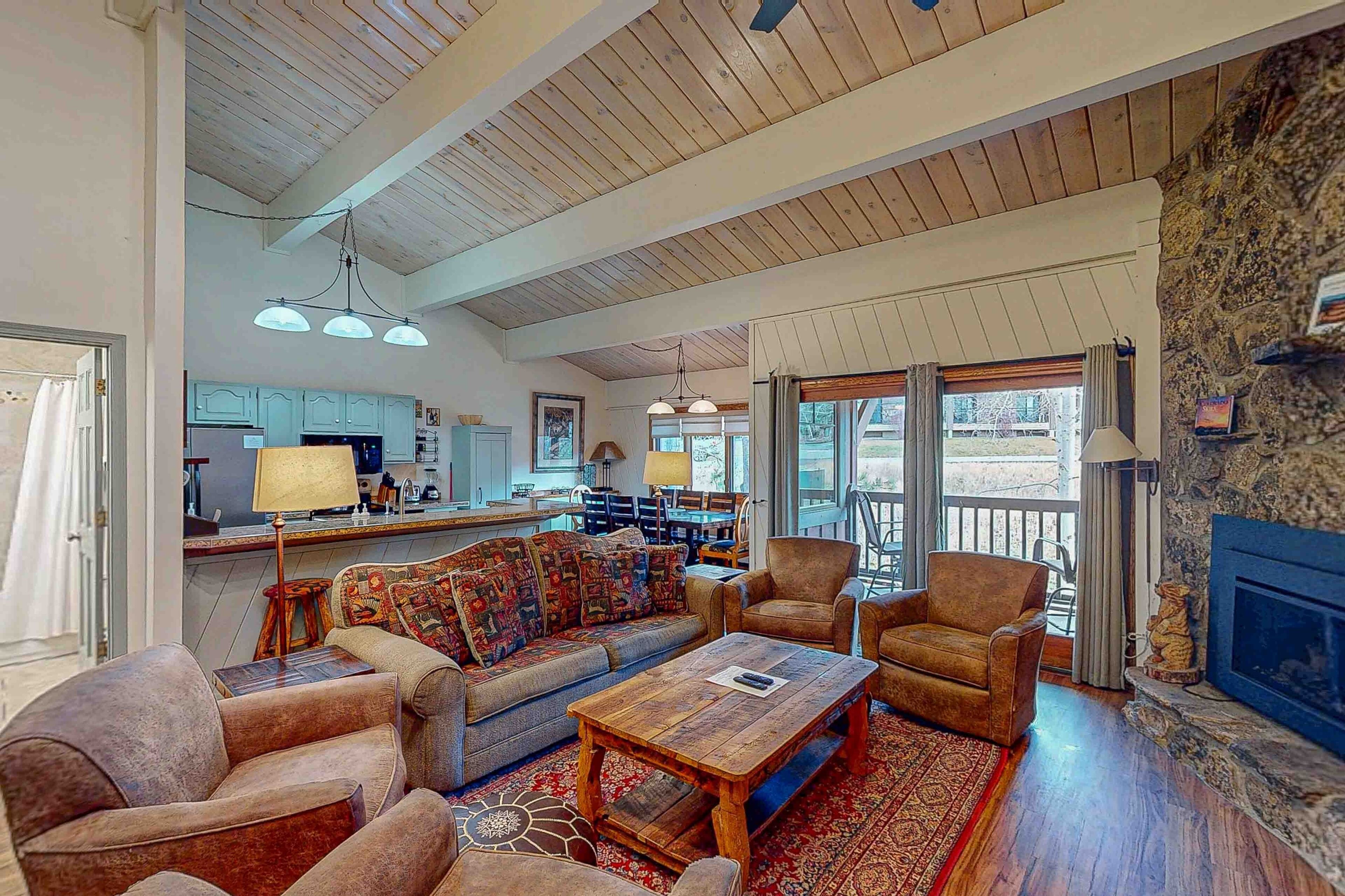 TV, fireplace, books