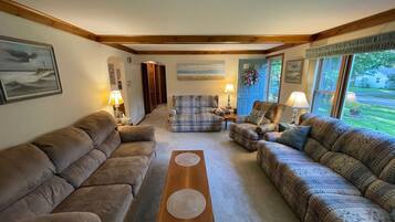 Smart TV, fireplace, DVD player, books