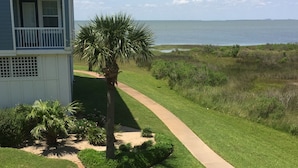 A grassy pathway leading to a building with a balcony overlooking a body of water. - Newly renovated Bayfront Condo, Beach Club, Pools, Hot Tubs, Sunsets and More!! (Galveston)