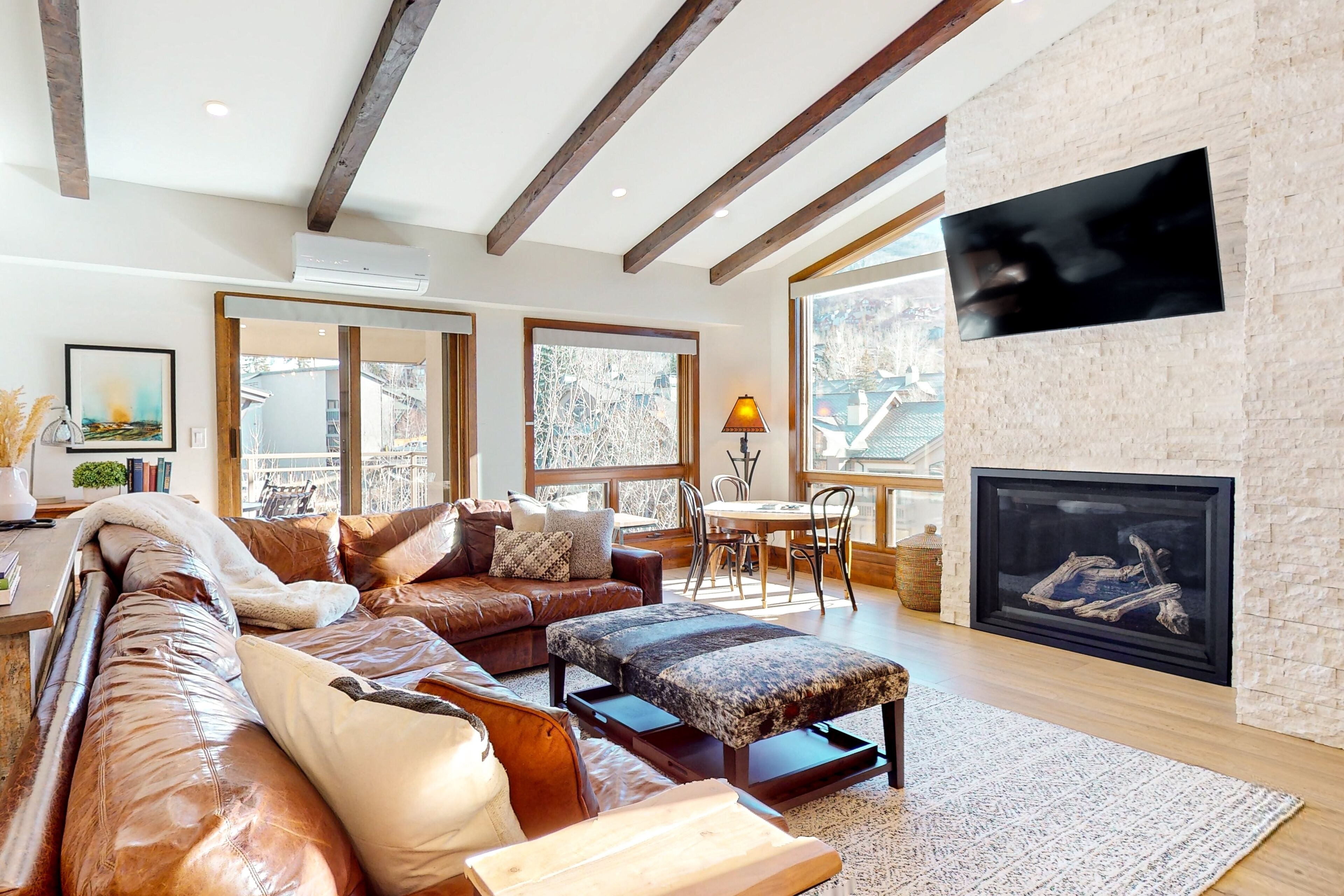 Televisión, chimenea, reproductor de DVD y libros 