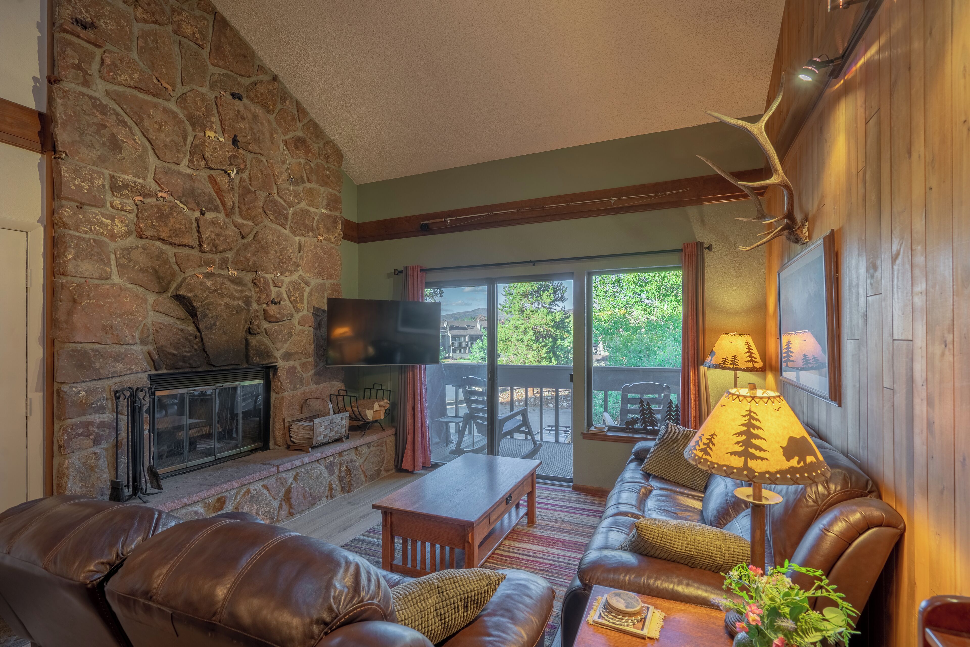 TV connectée, cheminée, table de tennis de table, livres