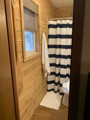 Combined shower/bathtub, hair dryer, towels, soap