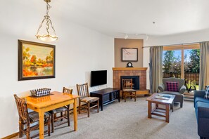 TV, fireplace, video library