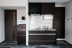 Leilighet (Studio with 3 double beds) | Eget tekjøkken | Kjøleskap, mikrobølgeovn, kokeplater og vannkoker