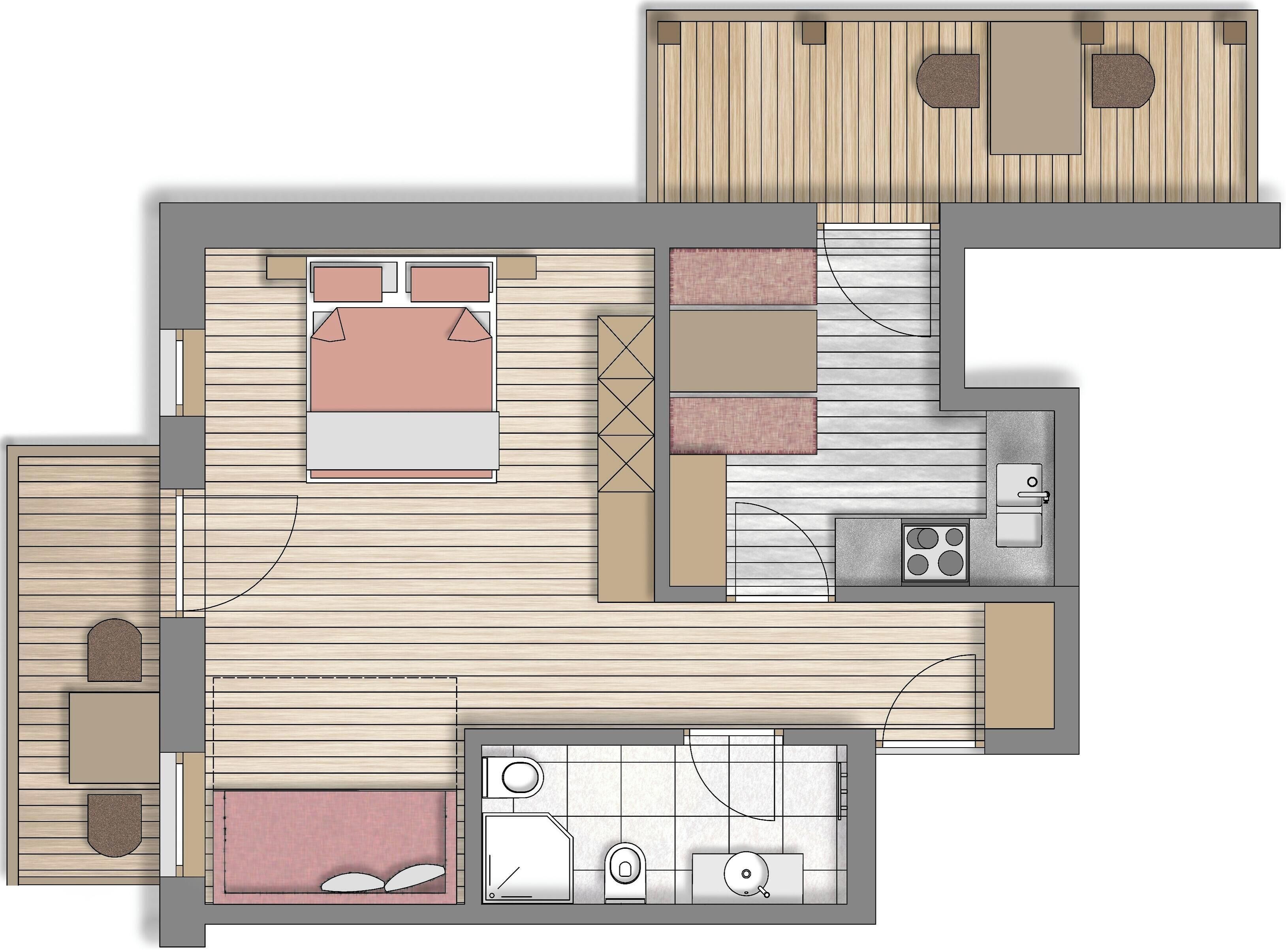 A floor plan with a bedroom, bathroom, kitchenette, and a living area with a sofa and coffee table.