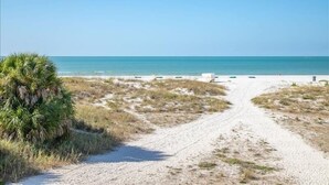 A sandy beach path leading to the ocean with a palm tree on the left. - Oceana 201W See gorgeous sunsets! (Treasure Island)