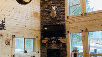 Una Smart TV, una chimenea, libros