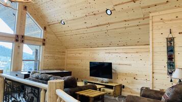 Smart TV, chimenea, libros