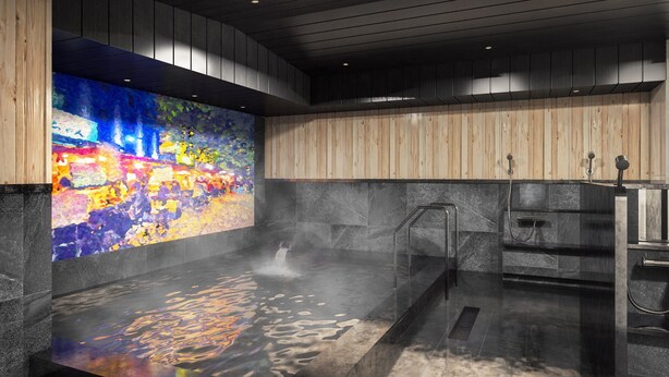 Un espace spa moderne doté d’un plancher chauffant, d’une douche à vapeur et d’une fresque murale abstraite aux couleurs vives.