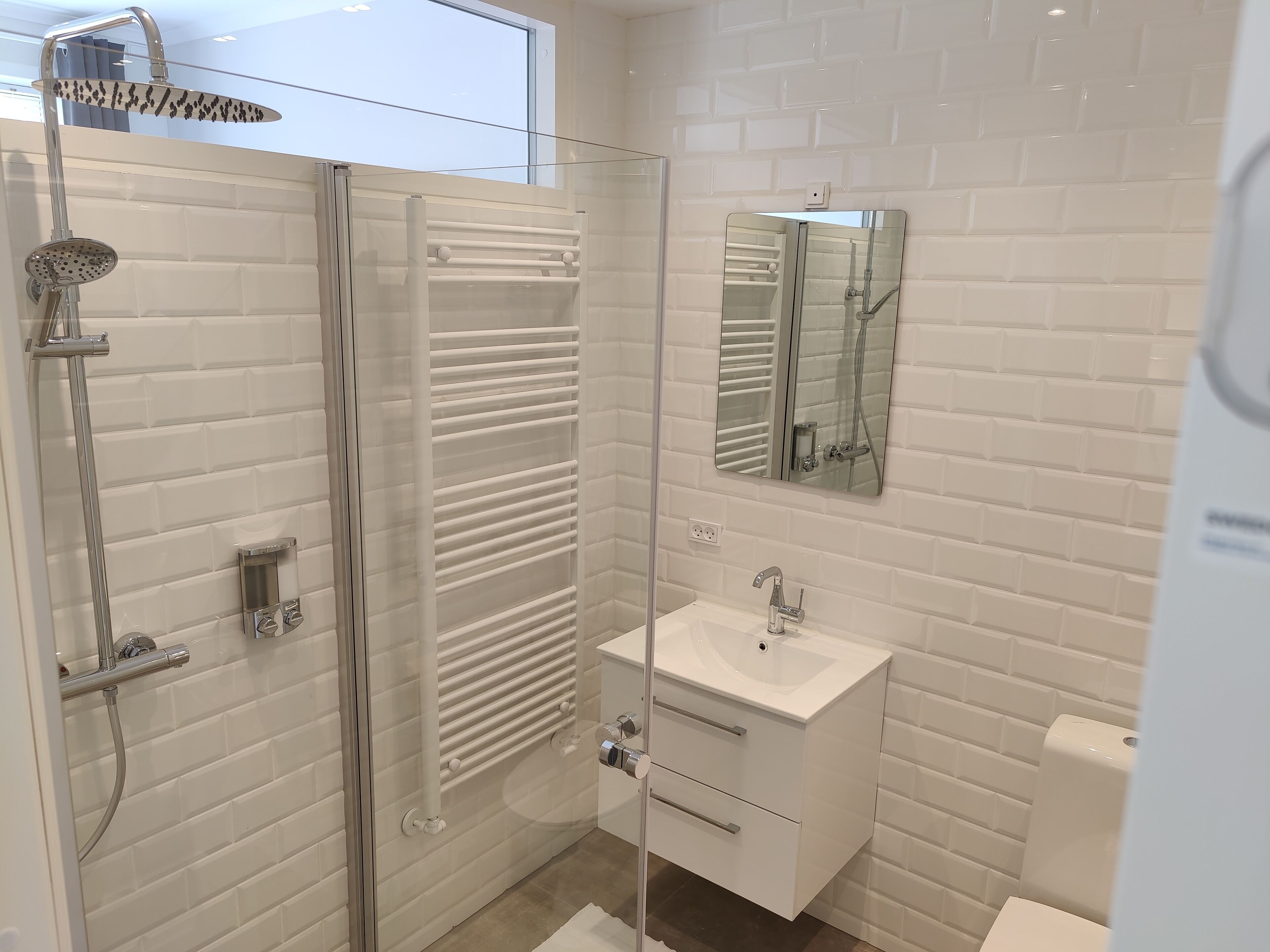 Une salle de bain moderne avec une douche à l’italienne en verre, un lavabo blanc et un miroir au-dessus.