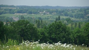 Een landelijk landschap met glooiende heuvels, enkele verspreide huizen en een opvallend gebouw met een rood dak.