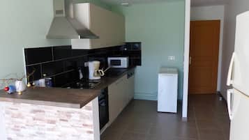 Een microgolfoven, een oven, een kookplaat, een vaatwasser