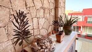 A balcony with a stone wall, potted plants, a bowl of seashells, and a large white shell. - PORT DO SOL - free wifi NO LIMITS (Contea di Boa Vista)