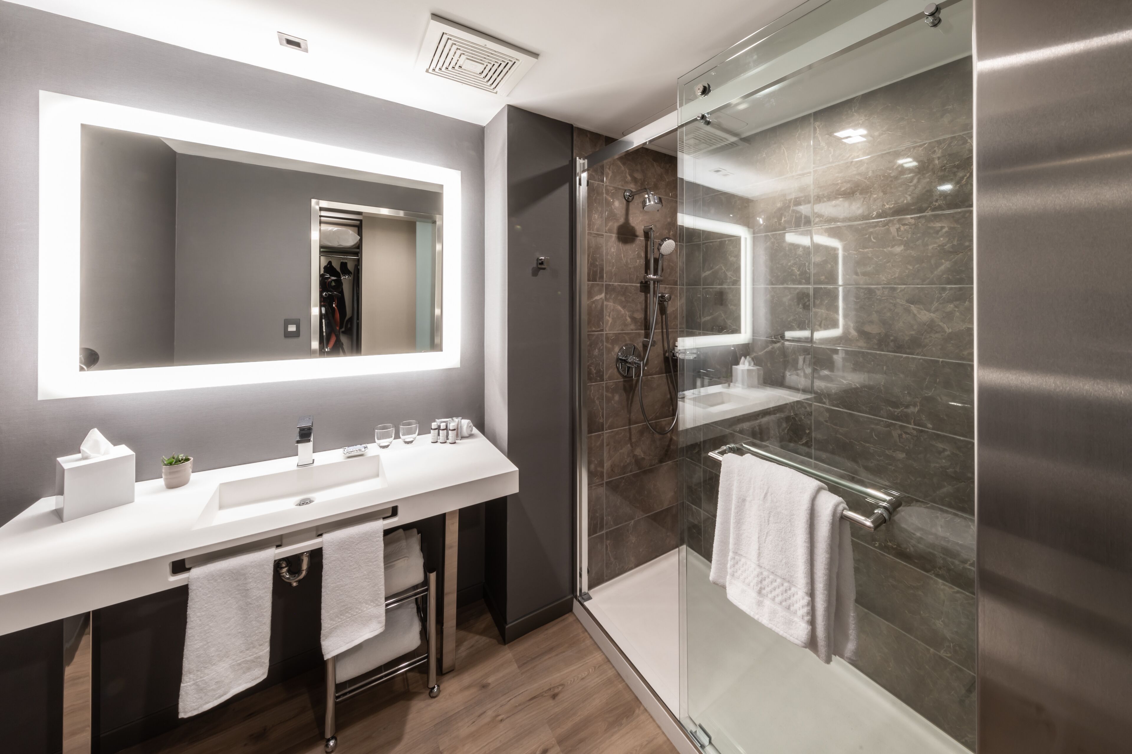 shower, free toiletries, hair dryer, bathrobes