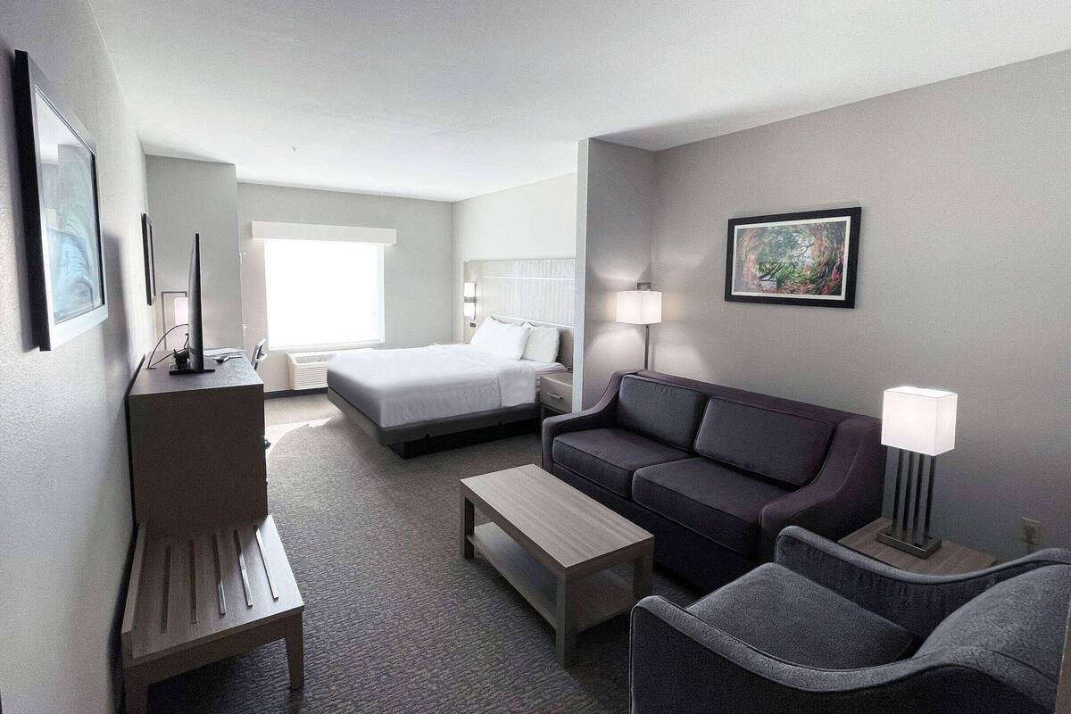 A hotel room with a bed, a sofa, a coffee table, a TV, and a lamp.