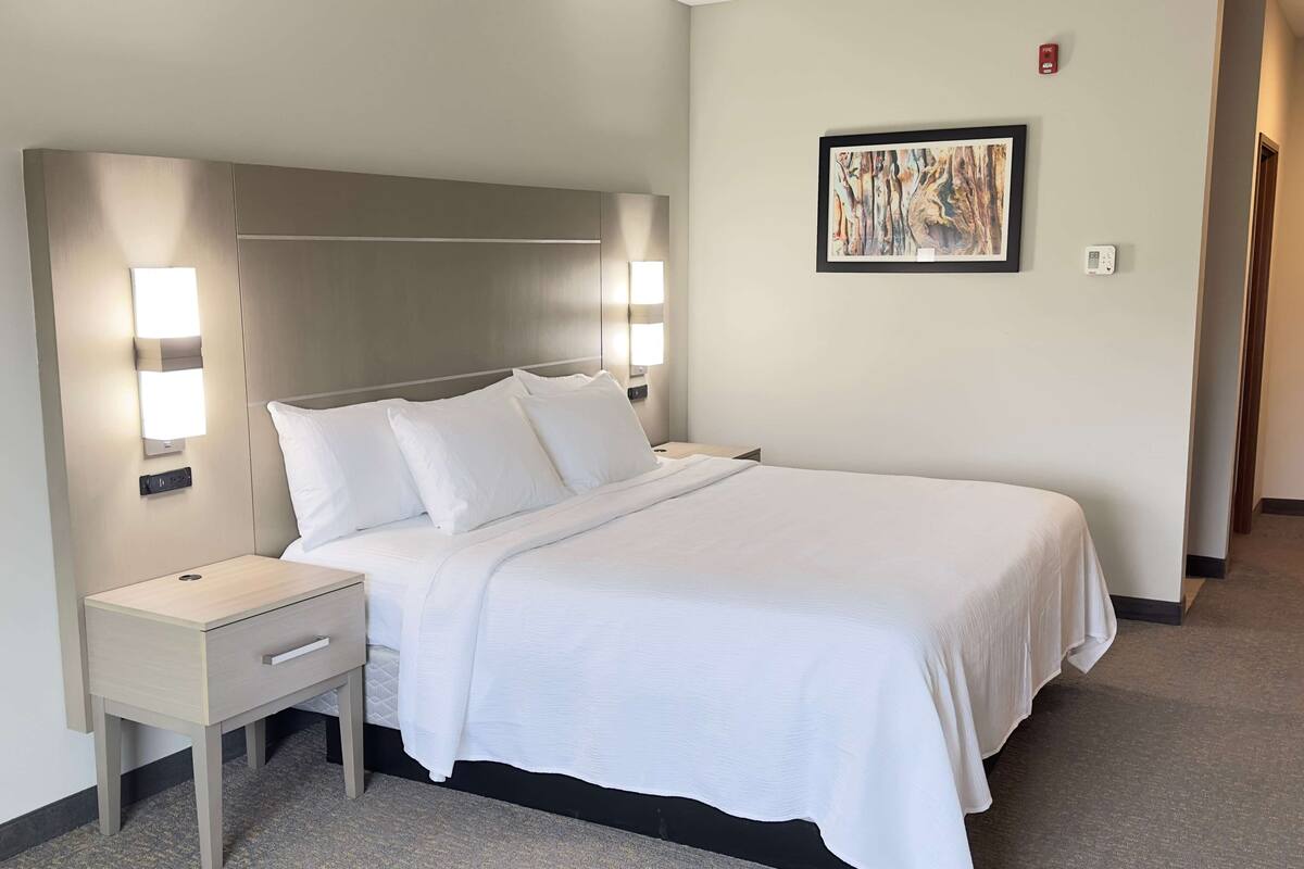 A hotel room with a large bed, a bedside table with a drawer, two wall-mounted lights, and a framed picture on the wall.