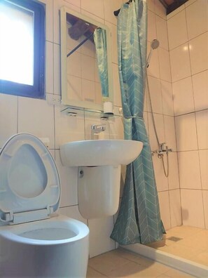 Suihku, ilmaiset hygieniatuotteet, hiustenkuivaaja, tohvelit