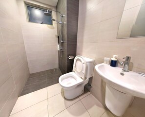 Shower, hair dryer, bidet, towels