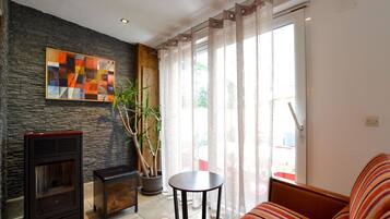 Televisie, een open haard, videospelletjes en een dvd-speler