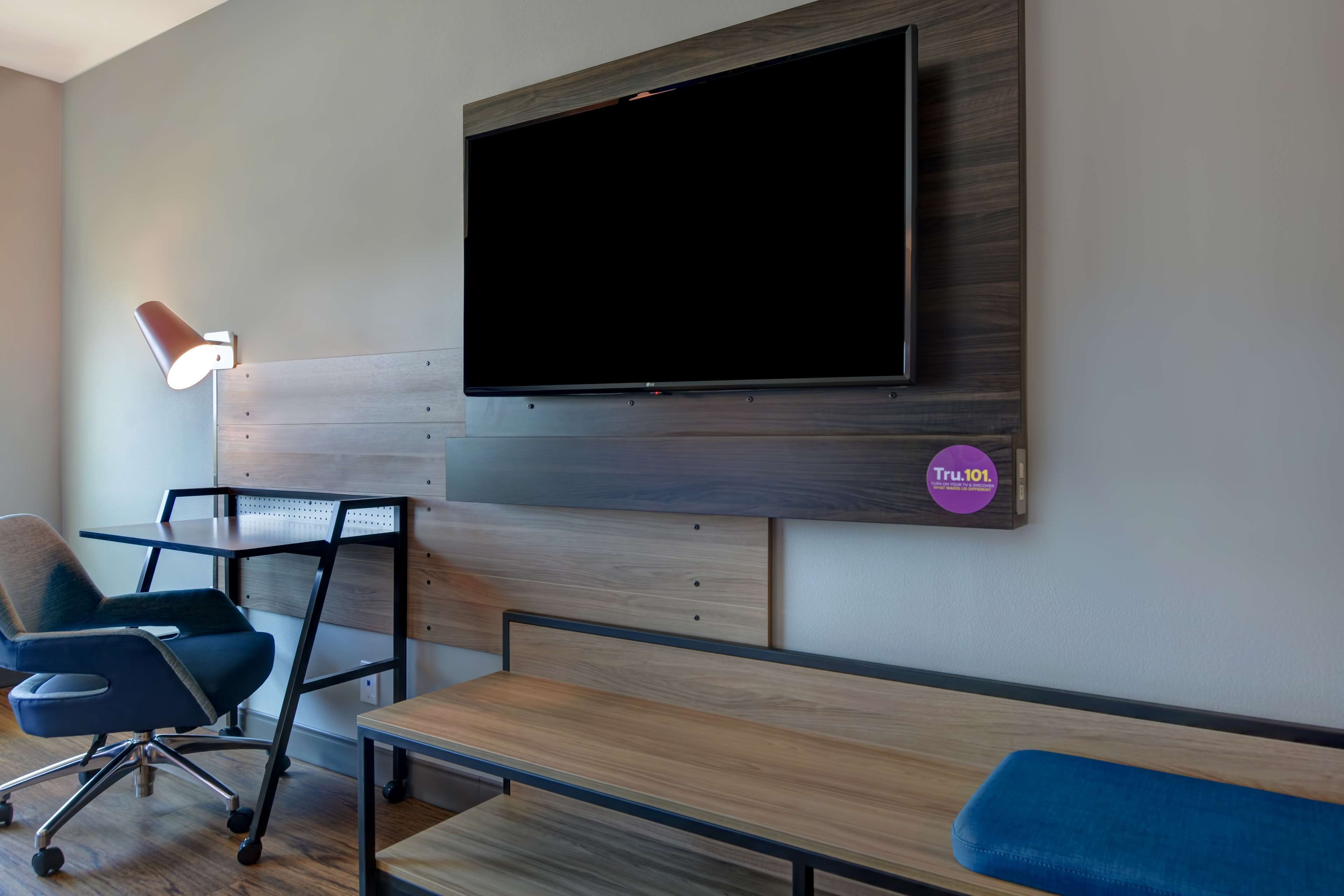 desk, laptop workspace, blackout curtains, iron/ironing board