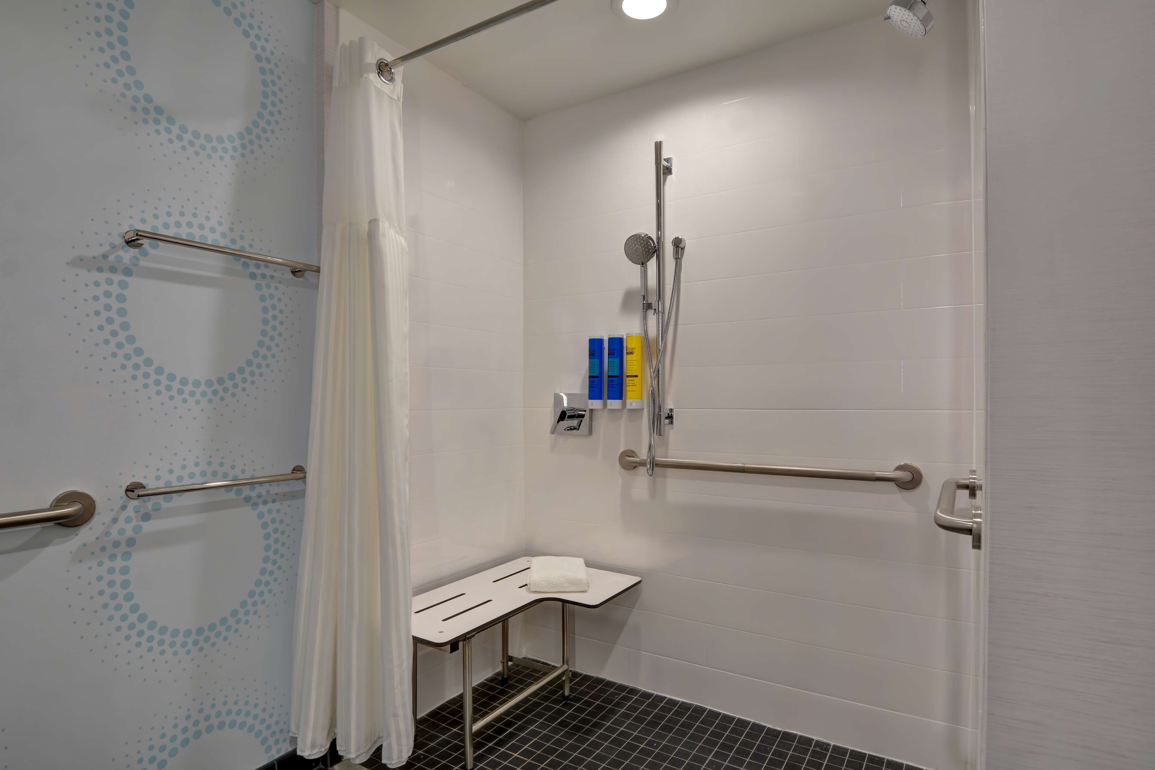 hair dryer, towels, soap, shampoo