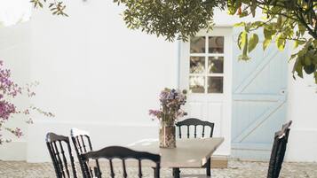 A table with chairs, a vase with flowers, and a blue door in the background.