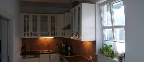 Een koelkast, een oven, een kookplaat, een vaatwasser