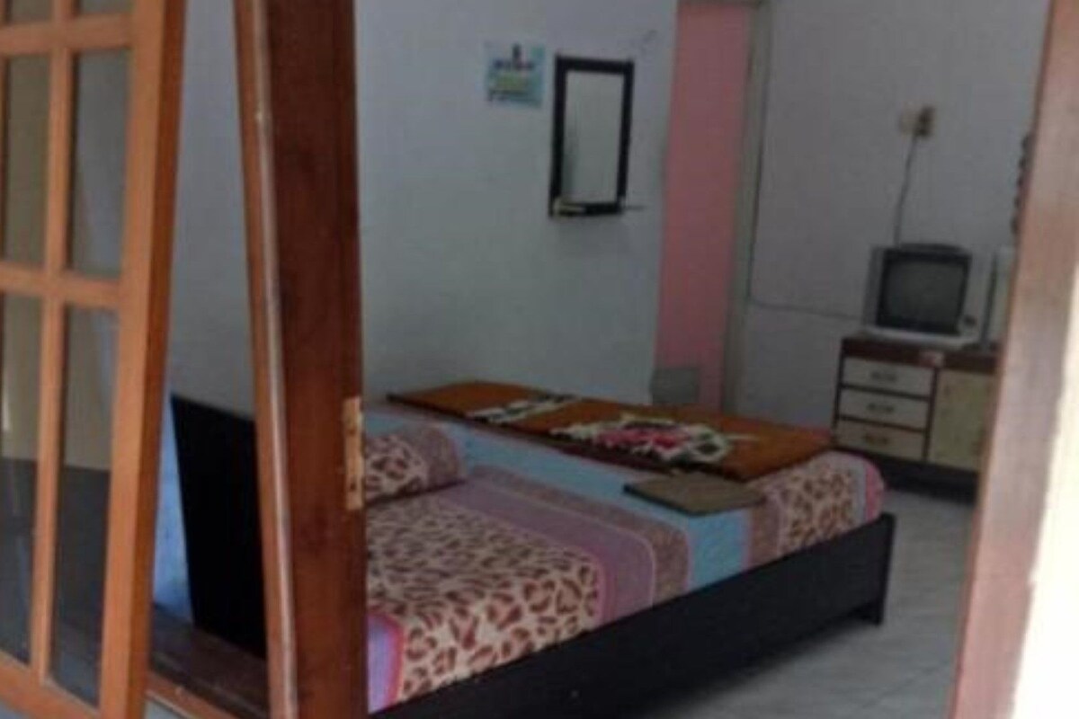 Una camera da letto con un letto, una televisione e un comò.