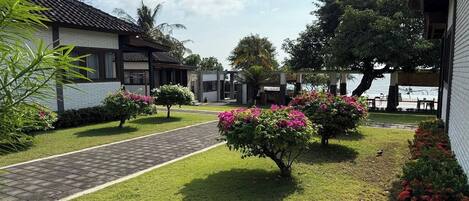 A pathway leading to a building with a tiled roof, surrounded by well-maintained grass and flowering bushes.