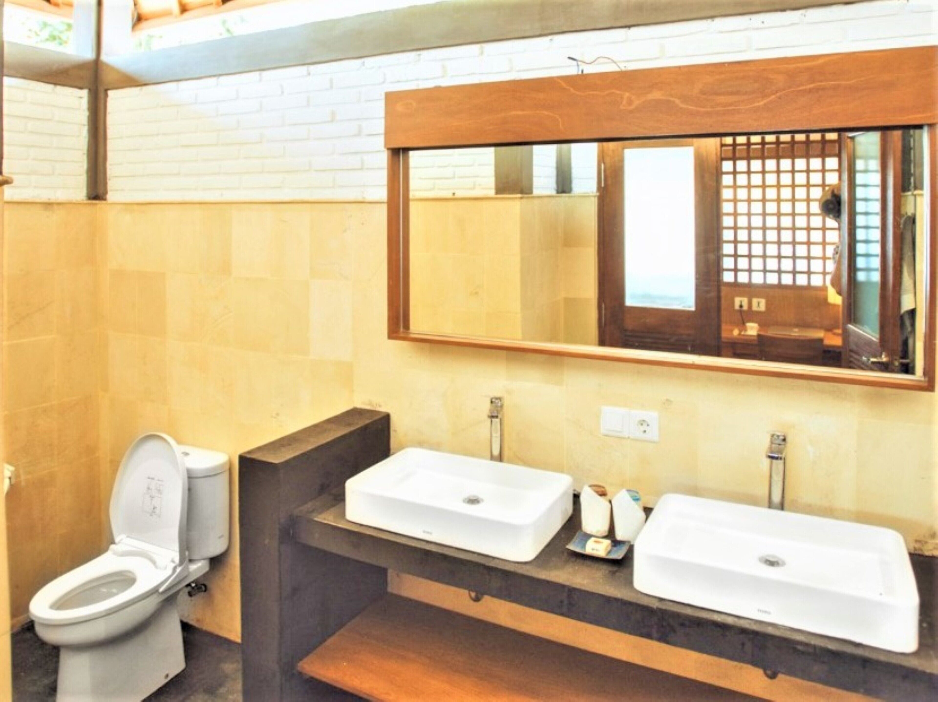Ein Badezimmer mit Toilette, zwei Waschbecken, einem Spiegel und einer gefliesten Wand.