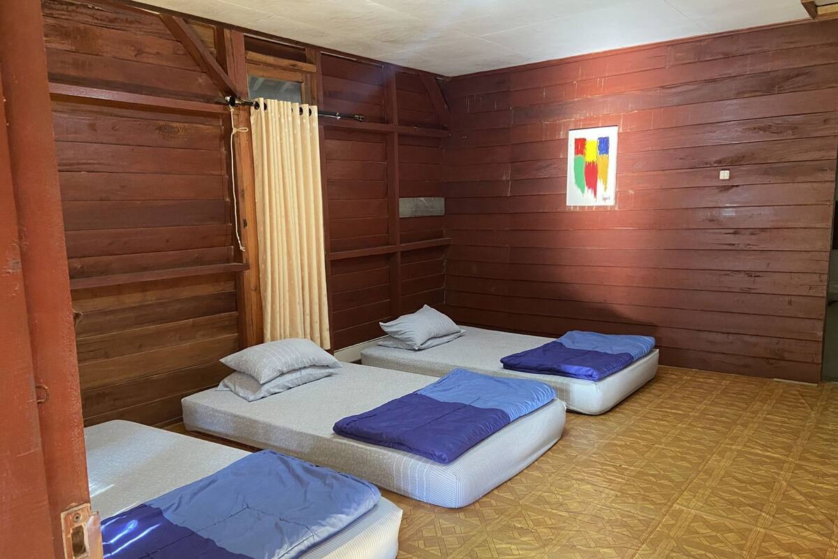 Een kamer met drie bedden, houten wanden, een raam met gordijnen en een klein schilderij.