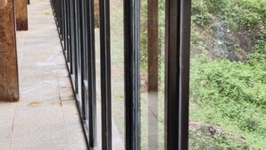 A corridor with glass doors leading to an outdoor area with greenery. - Seribu Batu Songgo Langit Resort & Camp (Mangunan)