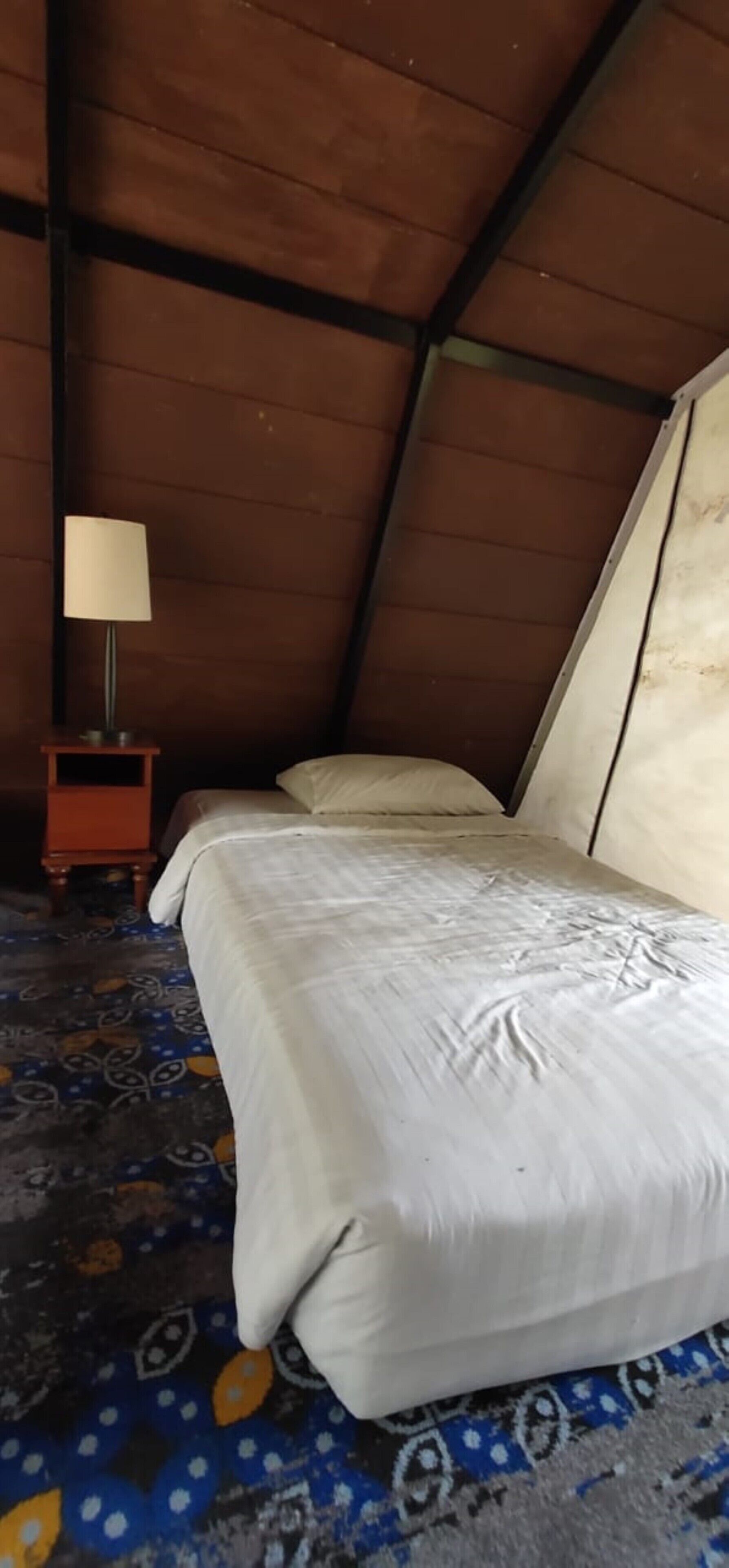 A single bed in a room with a sloped ceiling, a small bedside table with a lamp, and a patterned carpet.