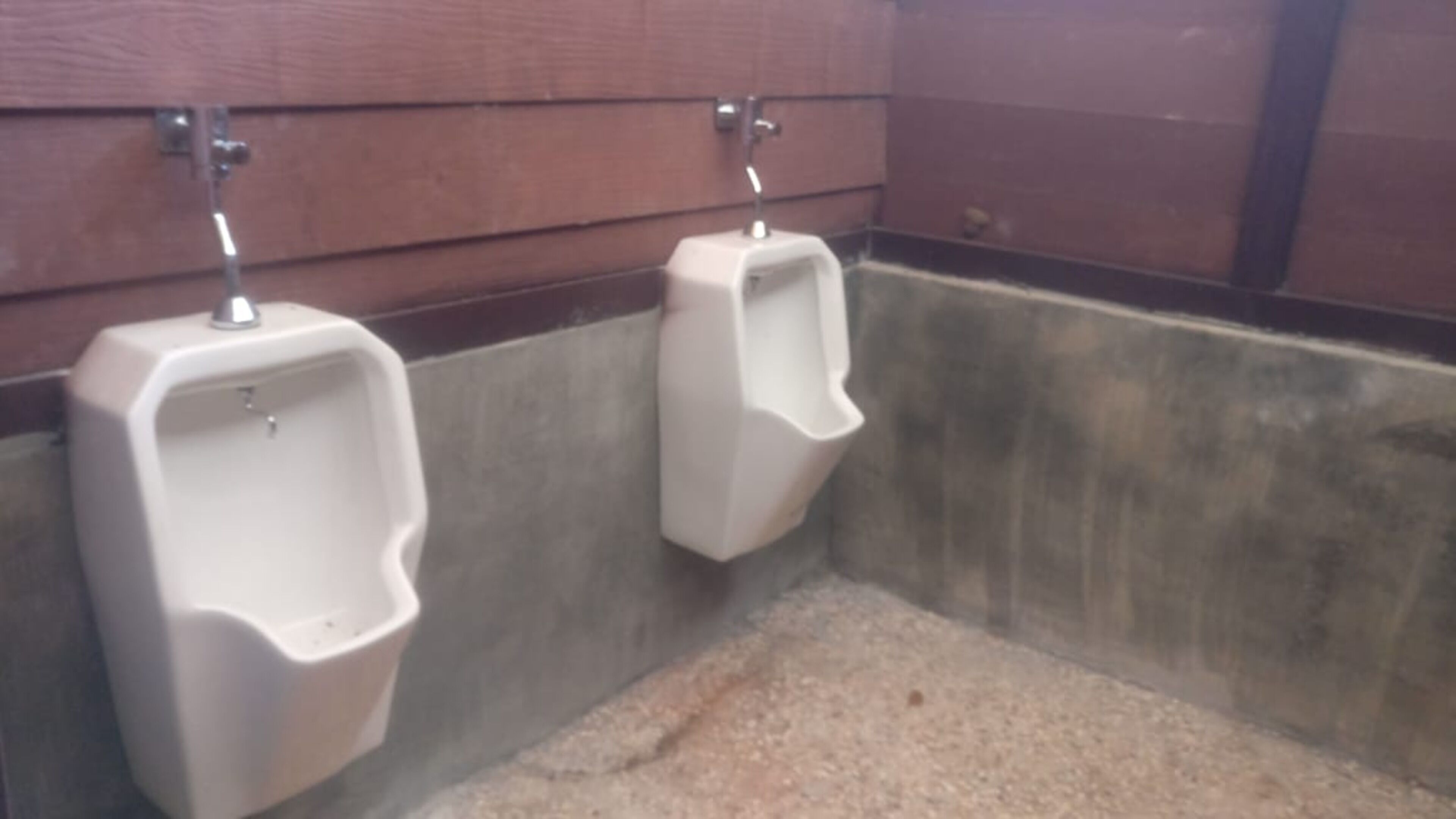 A restroom with two urinals mounted on a wall.