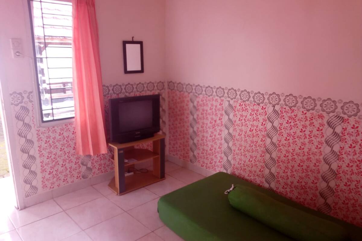A room with a green sofa, a television on a wooden stand, patterned wallpaper, and a window with a pink curtain.