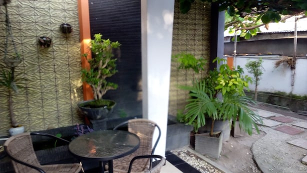 A patio area with a round table and wicker chairs, surrounded by potted plants and a small dog. - Dedy Kost (Jambi)
